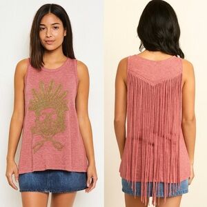 The Clas-sic Skull Tee Tank Top Beaded Pink Heathered Shirt with Fringe Sz Large